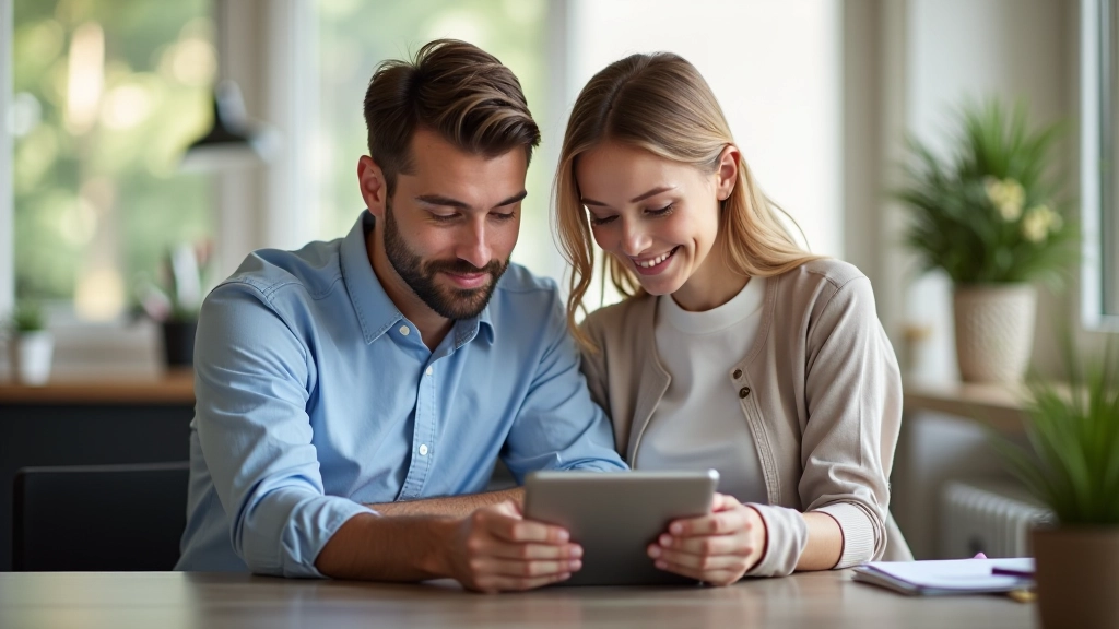 Zwei Personen schauen gemeinsam auf ein Tablet mit Finanzplanungs-Software und besprechen Budgetziele