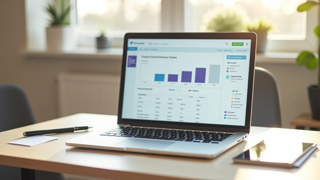 Laptop mit Finanz-Dashboard und Investitionsportfolio-Übersicht auf Schreibtisch