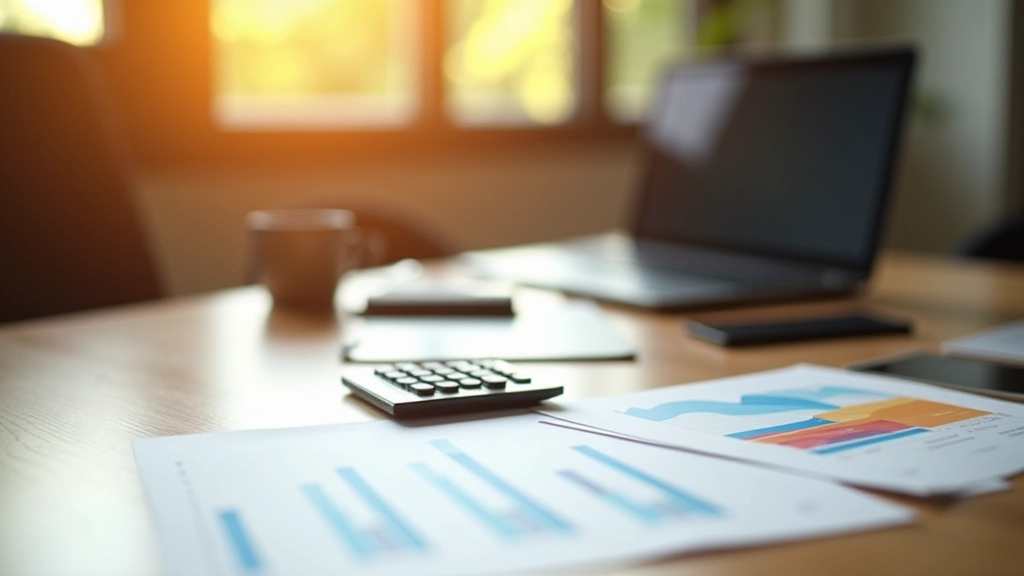 Modernes Finanzbüro mit Laptop und Finanzdiagrammen auf dem Schreibtisch