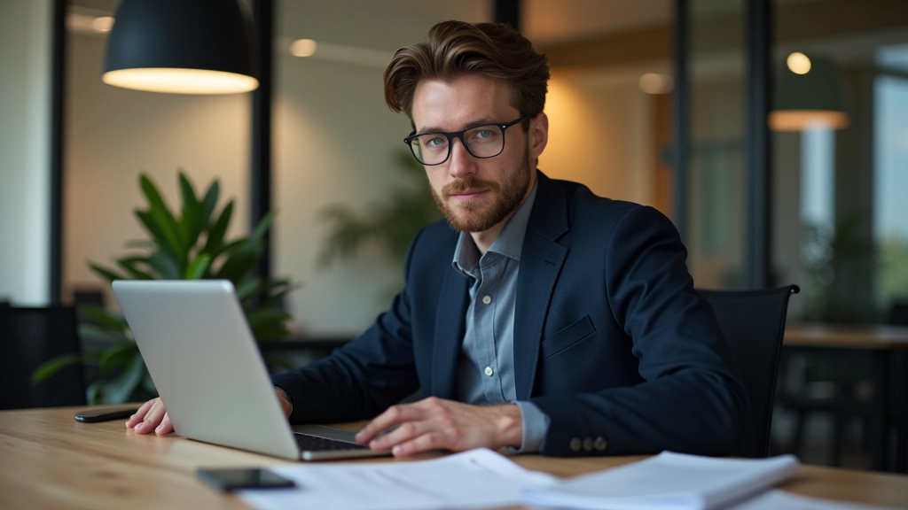 Person sitzt am Schreibtisch mit Laptop und Notizbuch, um ihre Finanzen zu planen