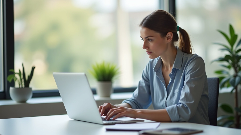 Person sitzt am Schreibtisch und arbeitet an einem Laptop, auf dem ein Budgetplaner angezeigt wird